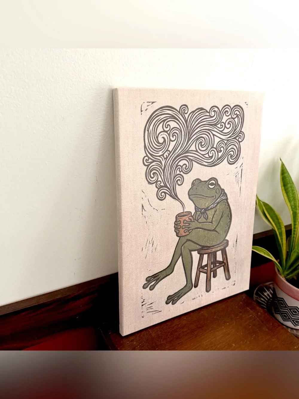 Coffee Talk with Frog Coffee Mug Toad on a Stool Canvas Art Print 11.75x15.75”